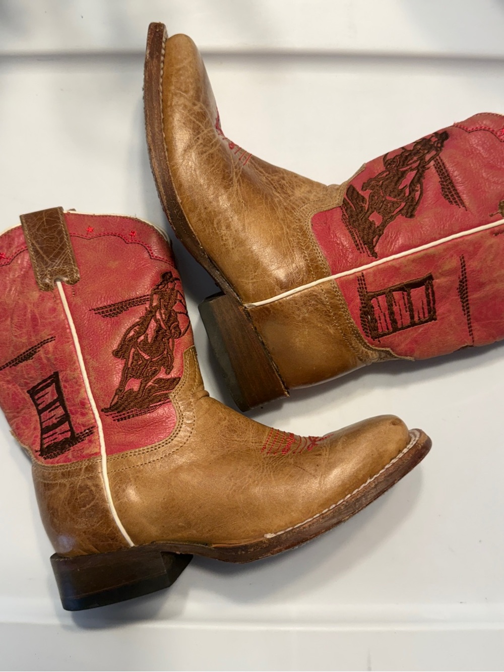 Roper Youth Rodeo Barrel Racer Tan and Pink Leather Cowboy Boots Girls Size 6 - Picture 12 of 12